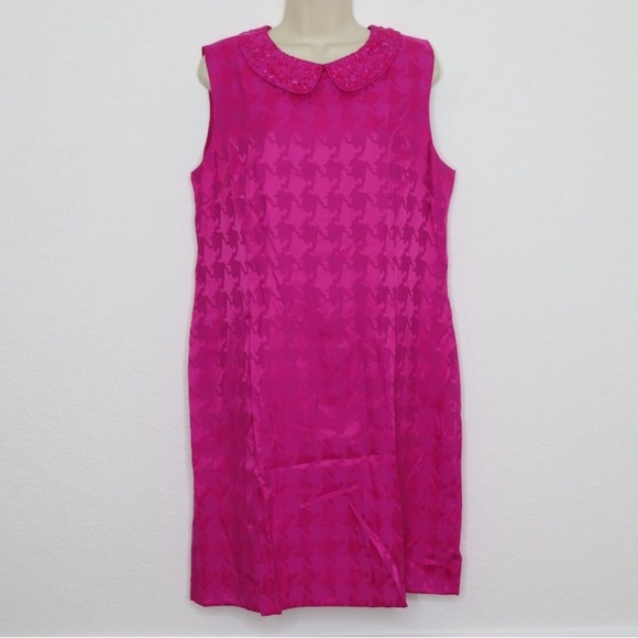 Alex Marie Petite 14P Hot Pink Beaded Rhinestone Collar Houndstooth Sheath Dress - Picture 6 of 7
